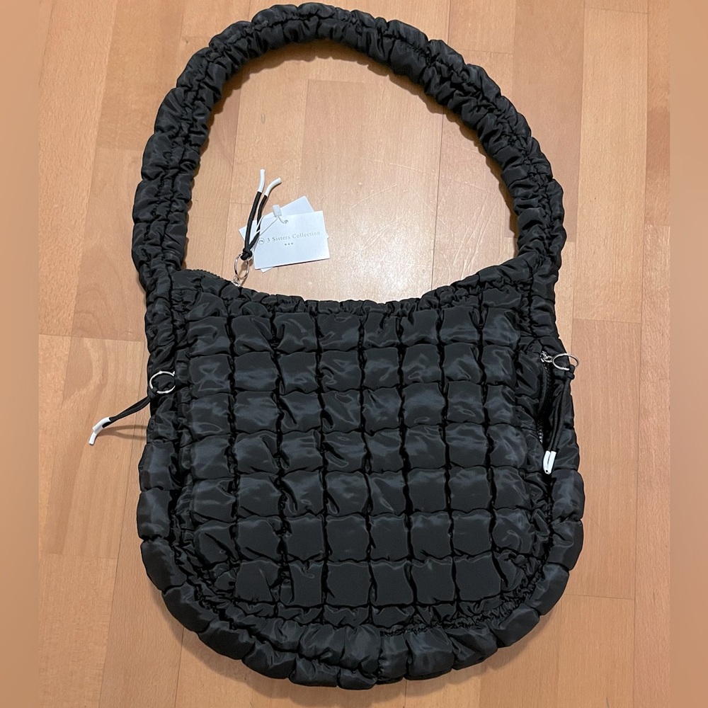 3 Sisters Collection Black Quilted Hobo Tote Bag NWT